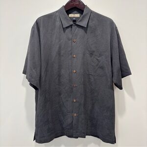 Tommy Bahama Shirt Men’s Size L Hawaiian Gray Short Sleeve 100% Silk Embroidered